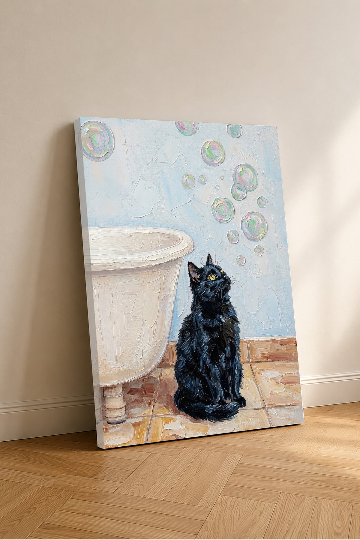 Esoriart kedili banyo kanvas tablo - yaşam alanı görünümü